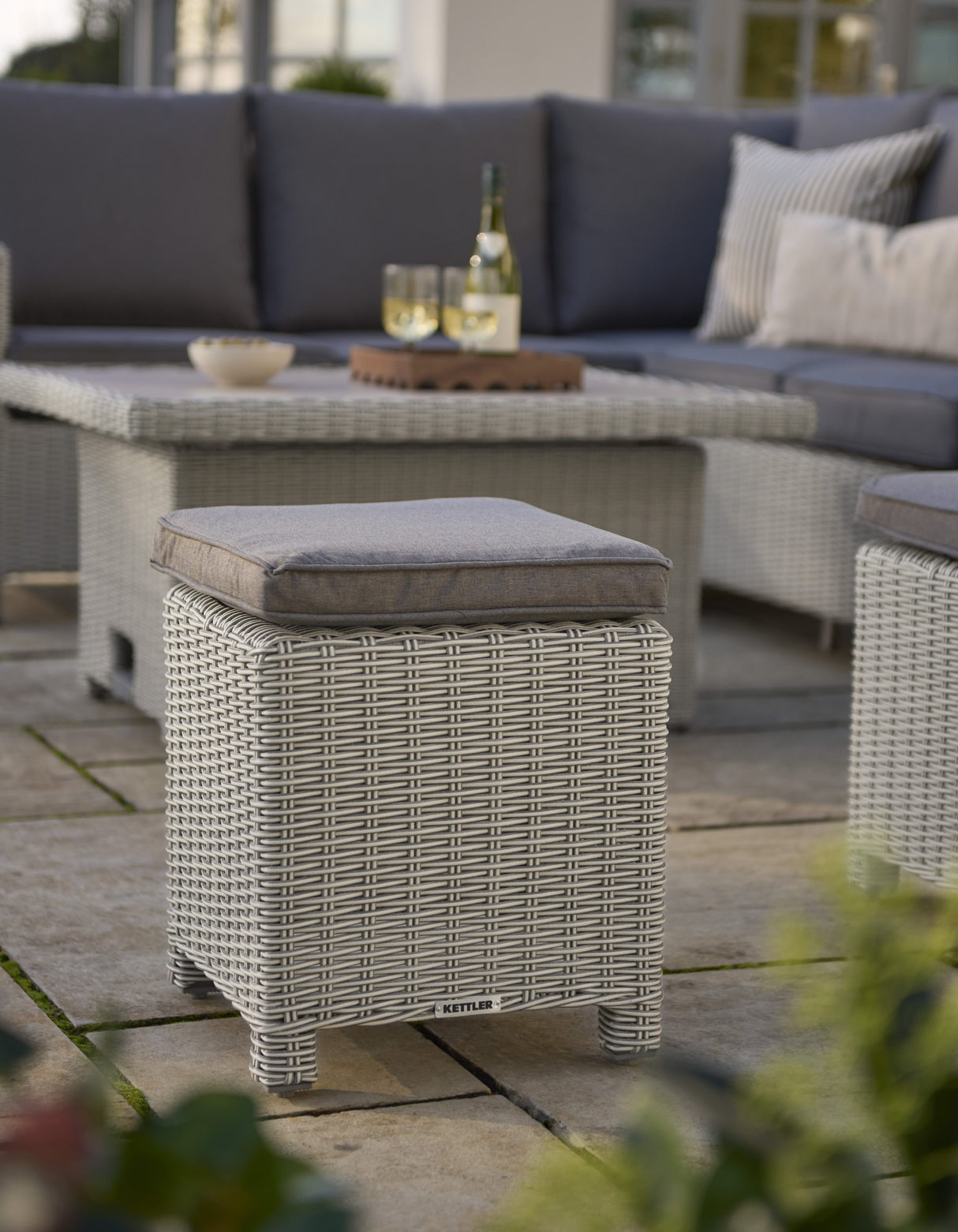 Kettler Palma Signature Stool - White Wash with Grey Taupe Seat Pad - Mill Race Garden Centre