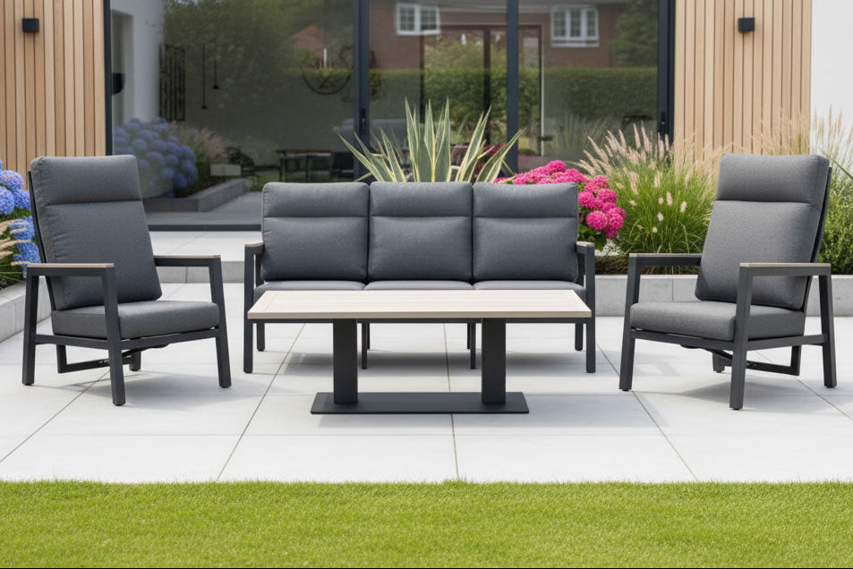 Kettler Tudor 3-seat sofa with two reclining chairs, matching bench, and 140x80cm outdoor metal lounge set in a patio setting.