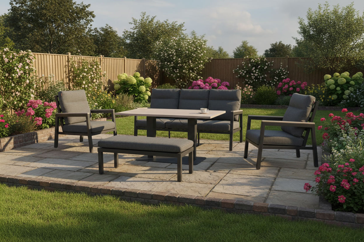 Kettler Tudor 5-seat sofa set with lounge armchairs and high/low table, outdoor metal furniture for patio relaxation.