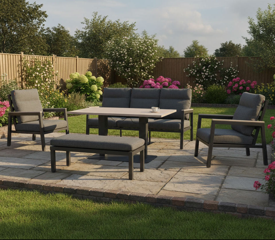 Kettler Charlbury Tudor metal sofa set with 3-seat sofa, 2 reclining chairs, bench, and 140x80cm table in outdoor lounge setting