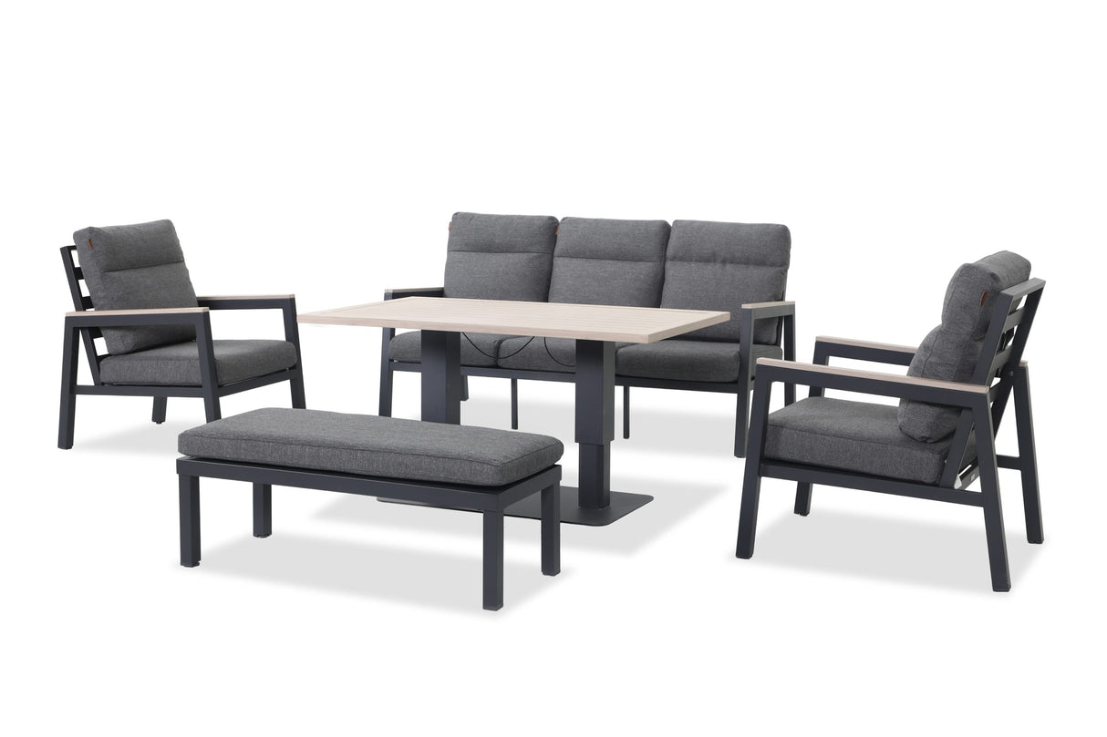 Kettler Tudor 5-seater sofa set with lounge armchairs and high/low table, outdoor metal furniture for patio or garden lounging.