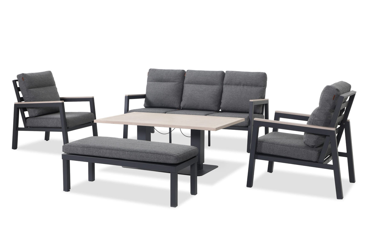 Kettler Tudor 5-seat sofa set with lounge armchairs and high/low table, outdoor metal furniture for patio relaxation.