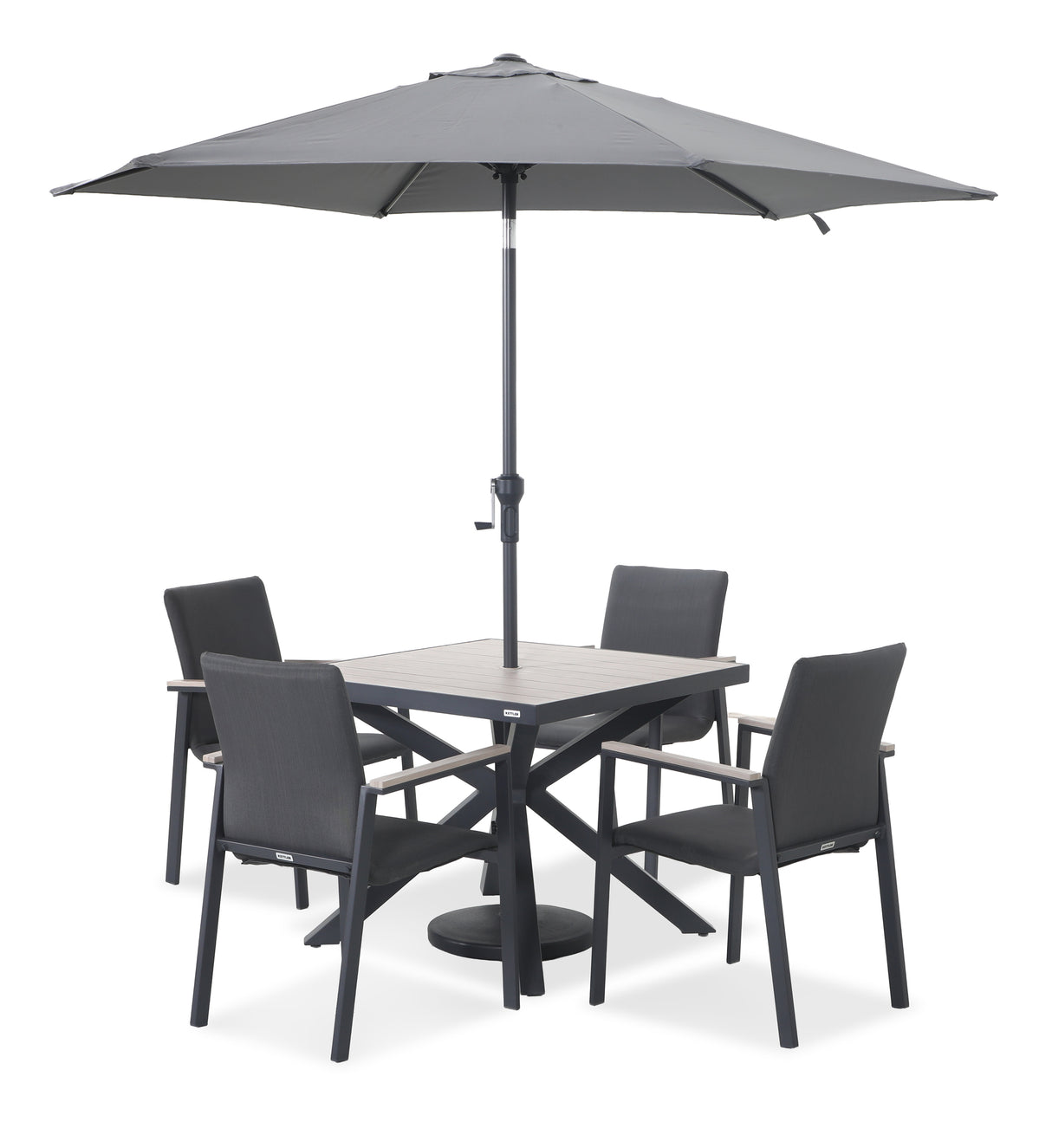 Kettler Tudor 4-seat metal dining set with stackable chairs, parasol, and base for outdoor patio furniture.