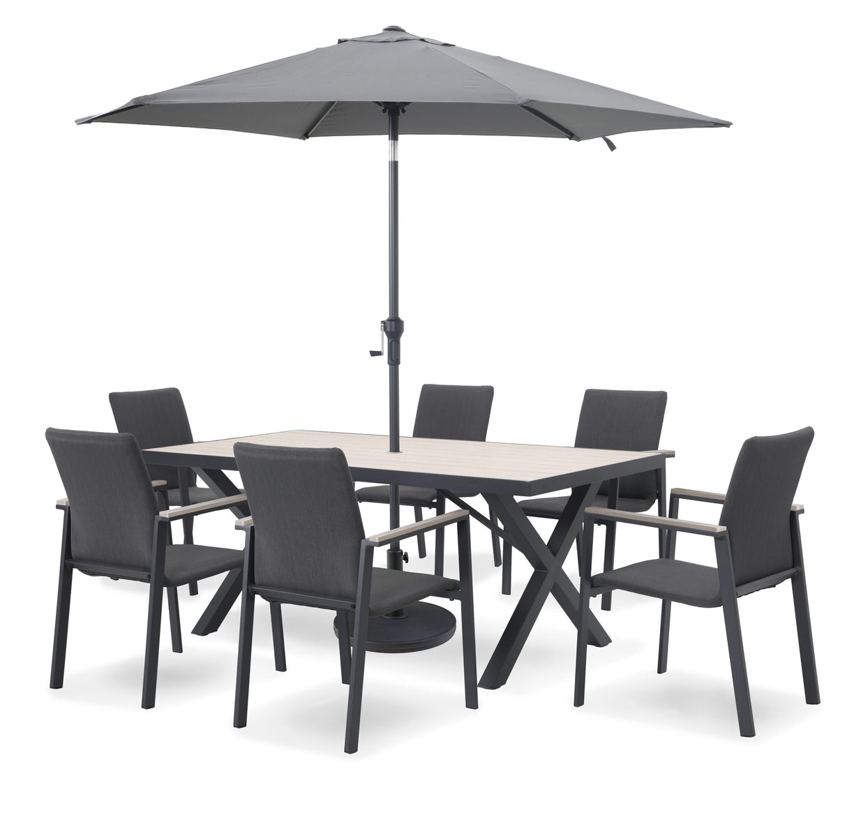 Kettler Tudor 6-seat metal dining set with 180x90cm table, parasol, and base, outdoor furniture for patio dining.