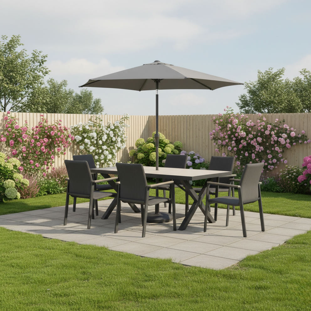 Kettler Tudor 6-seat metal dining set with 180x90cm table, parasol, and base, featuring a stylish outdoor furniture design.