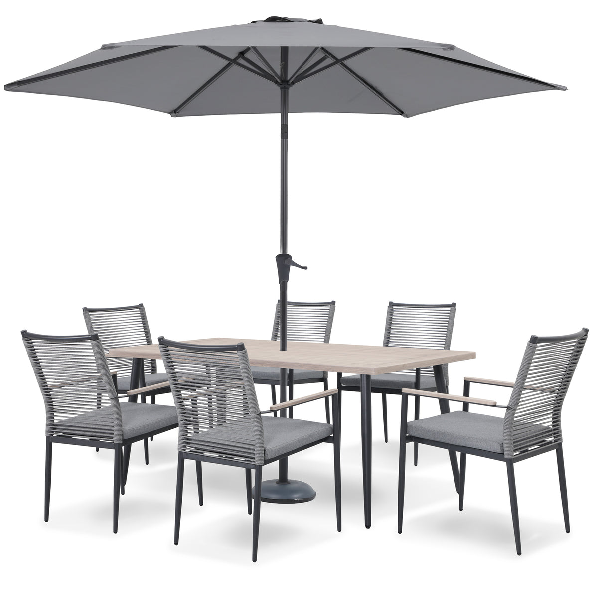 Kettler Merano 6-seat metal dining set with 170x90cm table, parasol and base, outdoor furniture for garden dining.