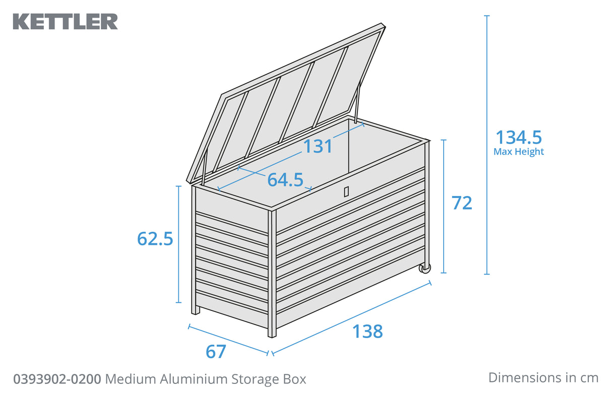 Medium Kettler aluminium storage box for outdoor furniture, featuring a sleek metal design with secure lid and handles.