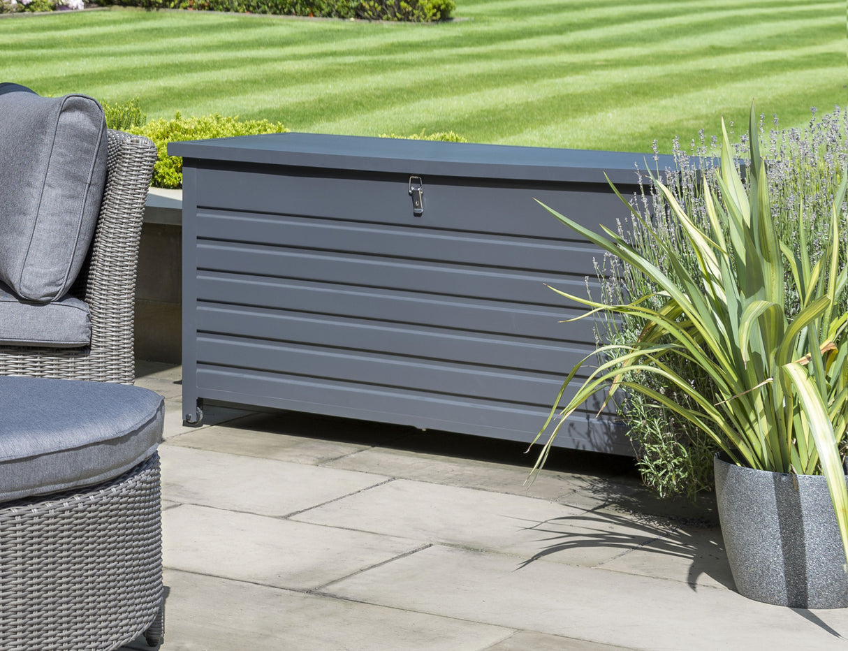 Kettler medium aluminium storage box for outdoor furniture, featuring a sleek metal design with a secure lid.