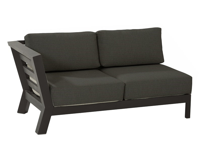 4 Seasons Outdoors Meteoro Patio Filler - Corner Furniture Set with Arm Cushions and High Coffee Table, Rug, Large Parasol and Base - Mill Race Garden Centre