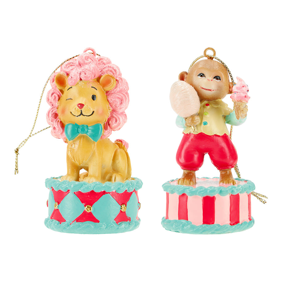 TimStor Pastel Circus Lion Polyresin Tree Hanging Ornament (9.5 cm) – Winking Lion in Pink Curly Mane & Mint Bow Tie Sitting on Diamond Circus Drum