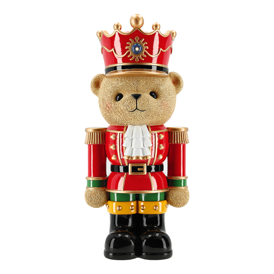 TimStor LED Christmas Nutcracker Bear Polyresin Tabletop Decoration (46 cm) – Battery-Operated Illuminated Bear King in Red Soldier Uniform & Crown