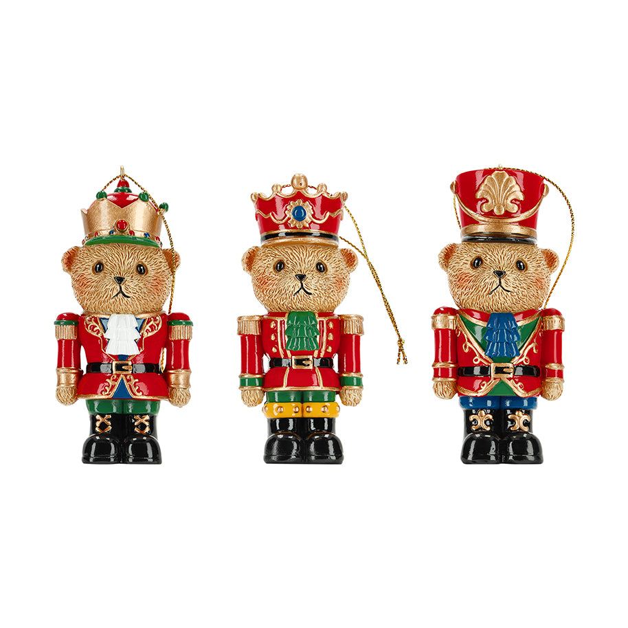 TimStor Christmas Nutcracker Bear Polyresin Tree Hanging Ornament (9 cm) – Royal Bear King in Red Military Jacket with Gold Jewel Crown