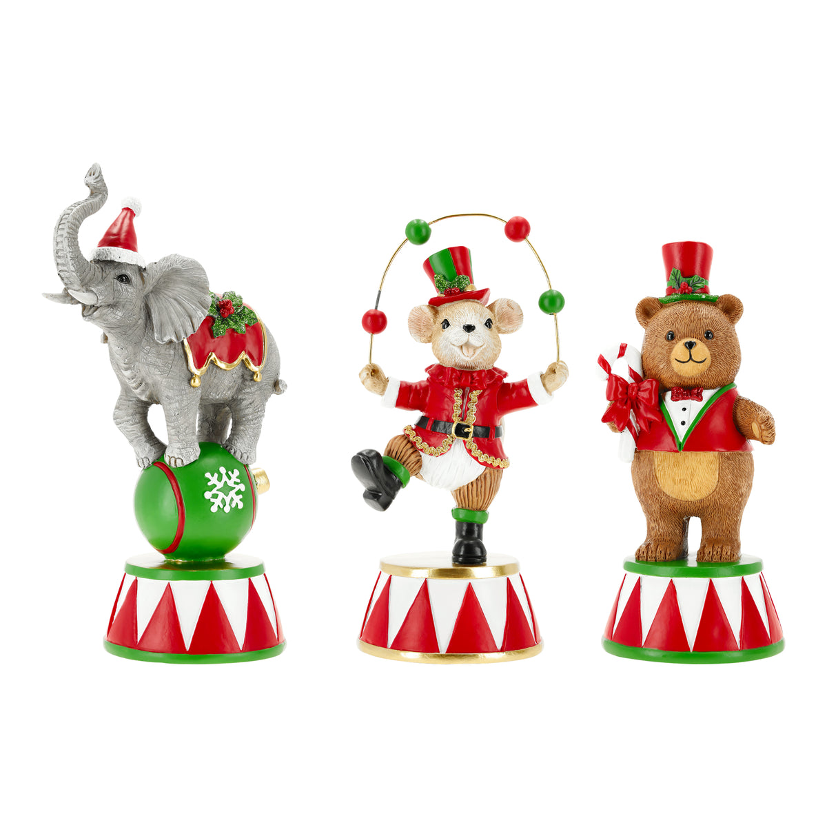 Christmas Circus Bear Resin Decoration (21 cm) – Whimsical Bear in Top Hat & Waistcoat with Candy Cane on Circus Drum Base