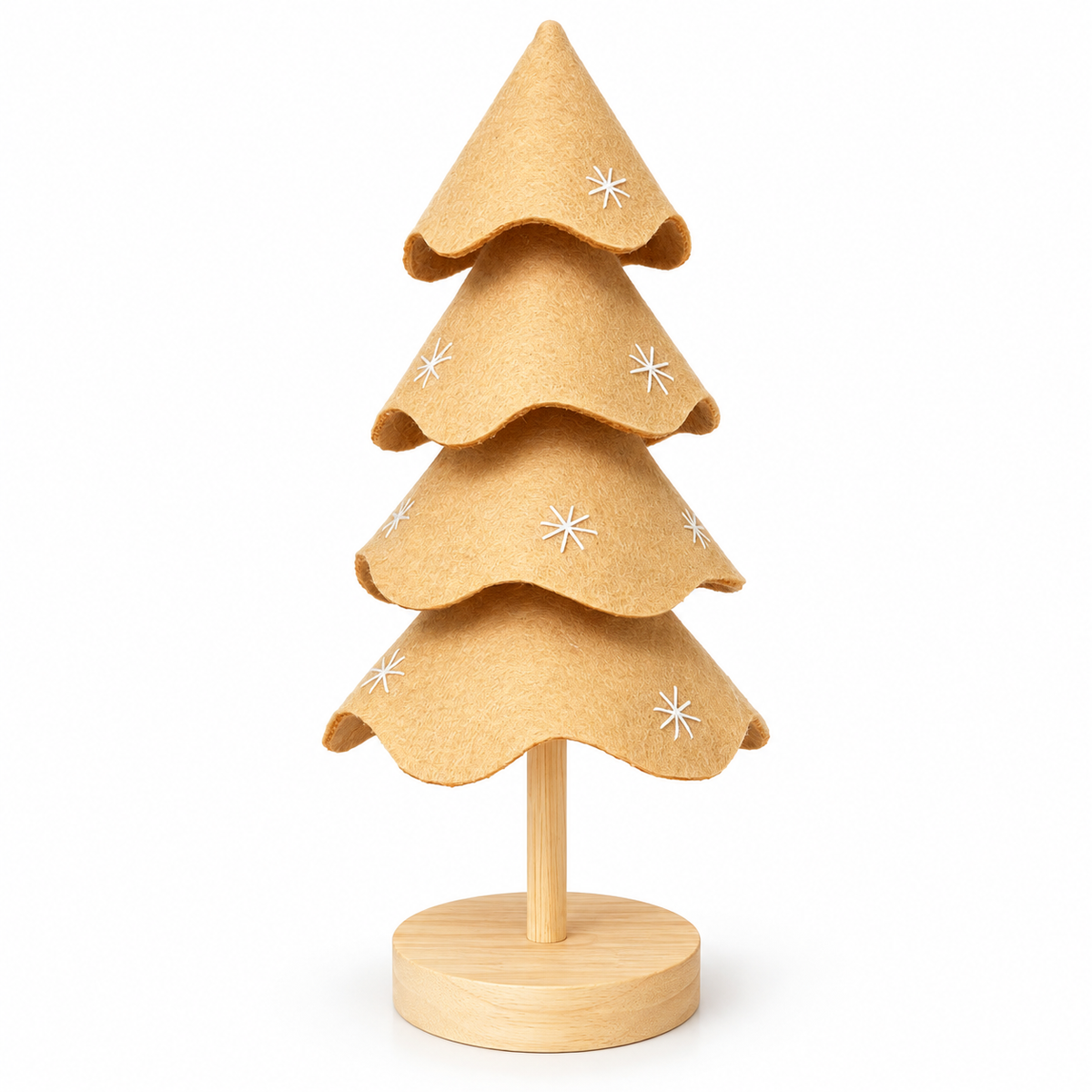 Handmade Beige Felt Christmas Tree Tabletop Decor on Wooden Base – 38 cm
