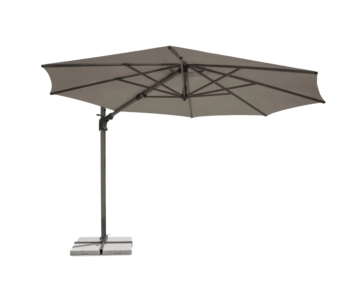 Kettler Luna 3m round cantilever parasol with taupe and grey canopy, granite base, and night cover for outdoor shade.
