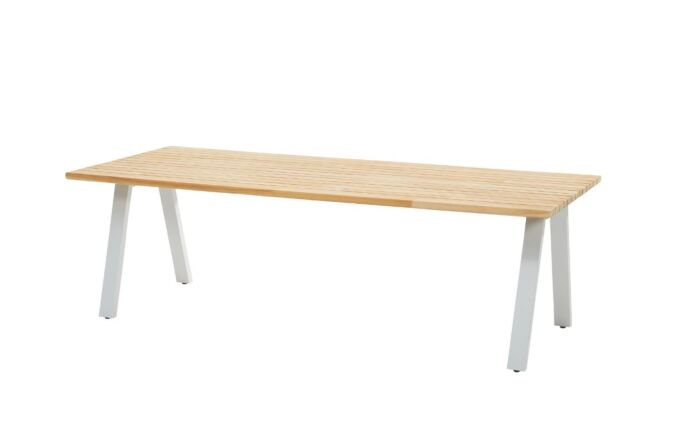 4 Seasons Outdoor Ambassador 240cm teak dining table with grey metal legs, suitable for outdoor use and spacious gatherings.