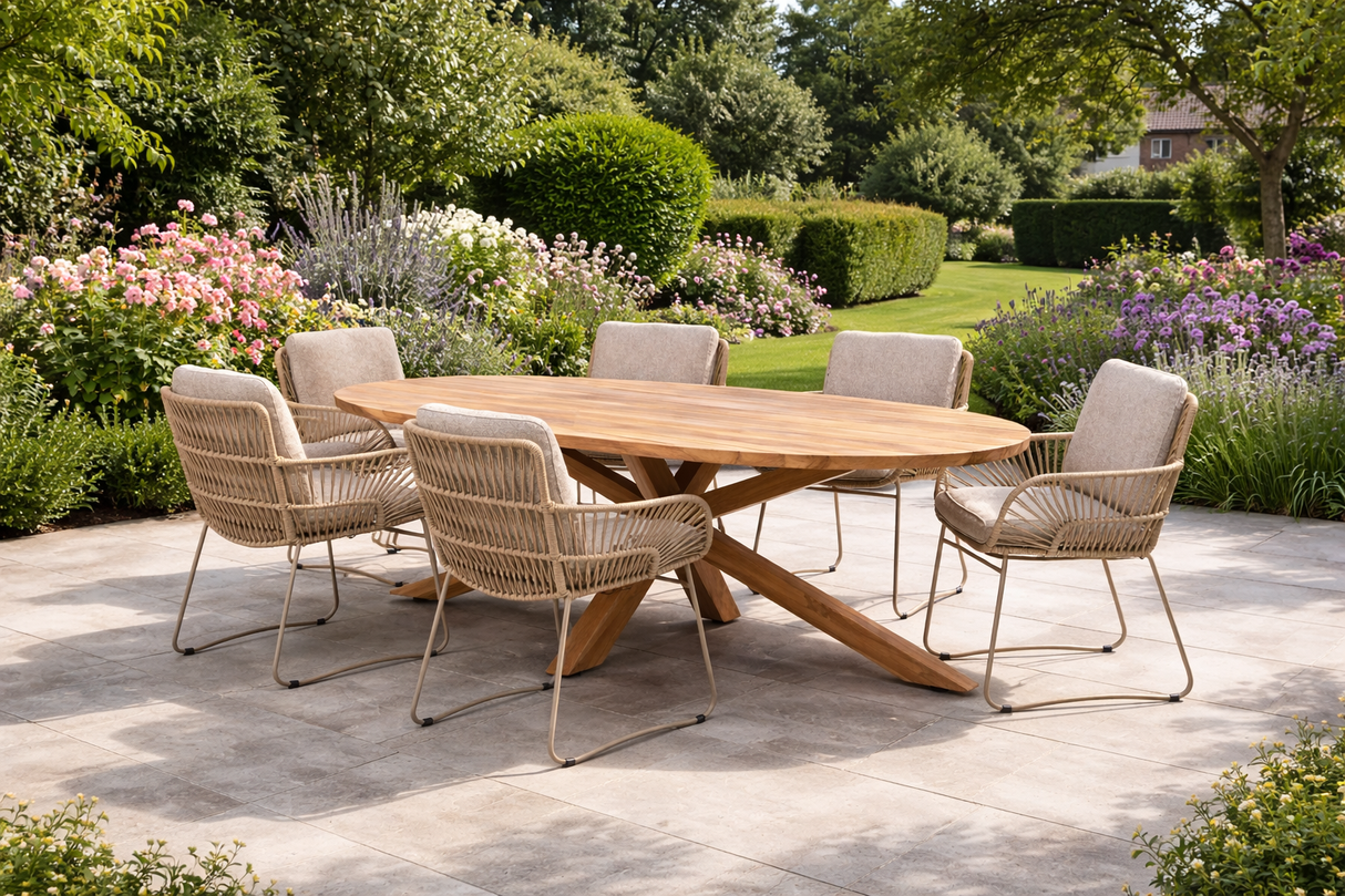 4 Seasons Outdoor Murcia 6-seat dining set with oval Prado teak table, featuring wooden chairs and a 240cm outdoor dining table.
