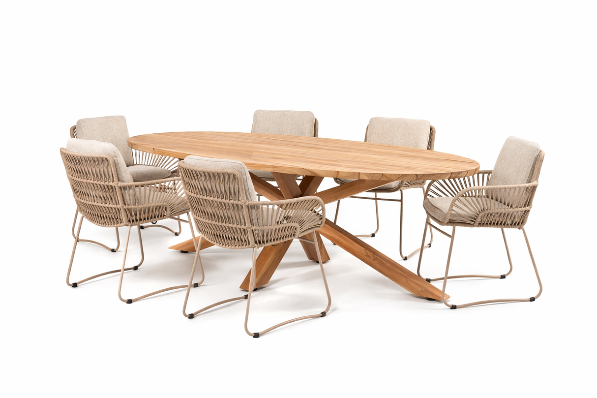 4 Seasons Outdoor Murcia 6-seat dining set with 240cm oval Prado teak table, outdoor wood furniture for dining and entertaining.