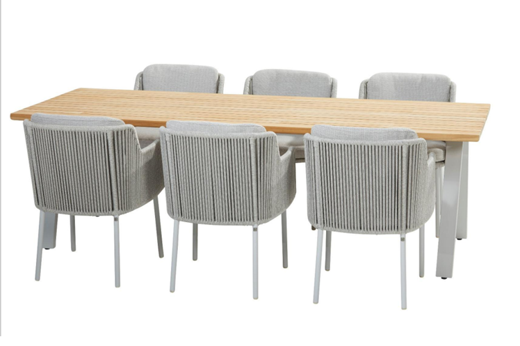 4 Seasons Outdoor Bernini six-seater rectangular dining set with 240cm teak table and metal frame for outdoor patio dining.