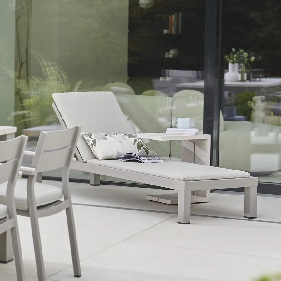 Kettler Pebble sun lounger with cushion, metal outdoor furniture for relaxing in the garden.