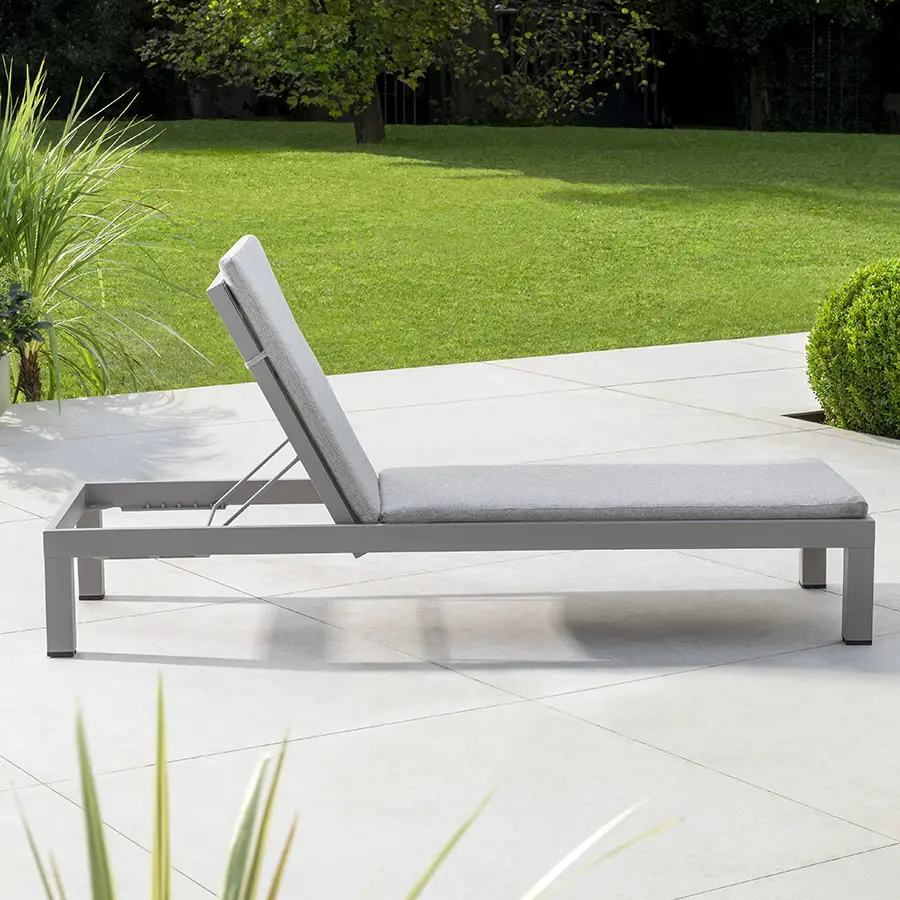 Kettler Pebble sun lounger with cushion, metal outdoor furniture for relaxing, featuring a sleek design and comfortable seating.