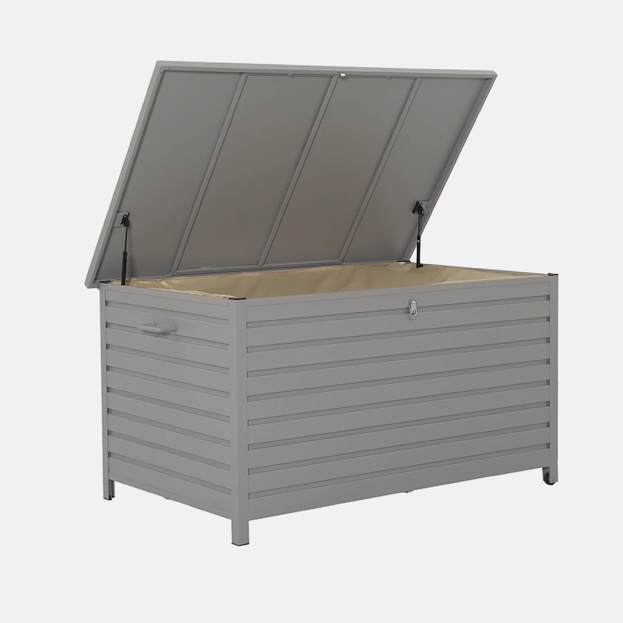 Kettler Pebble aluminium storage cushion box in medium size, outdoor furniture with a sturdy metal design and lid for weather protection.