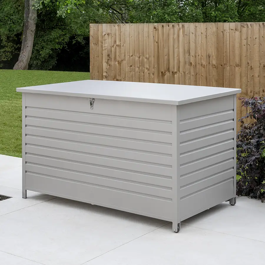 Kettler Pebble aluminium storage cushion box in medium size, outdoor furniture storage with a sleek metal design.