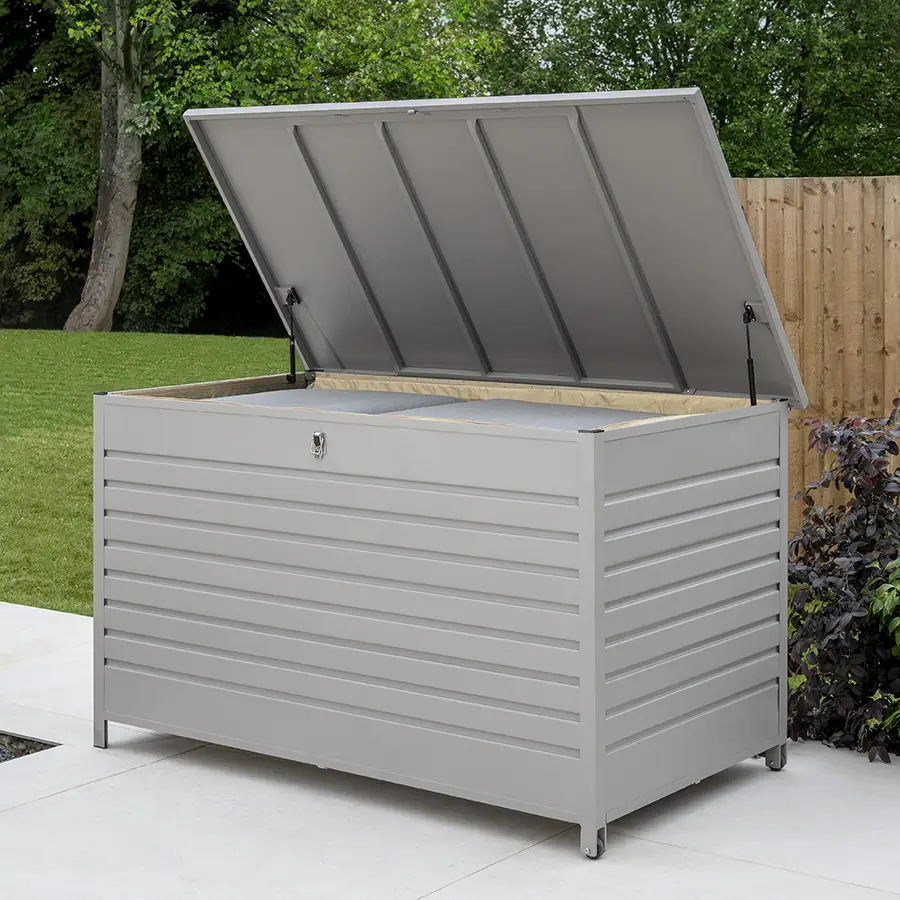 Kettler Pebble aluminium storage cushion box in medium size, outdoor furniture storage with a sleek metal design.