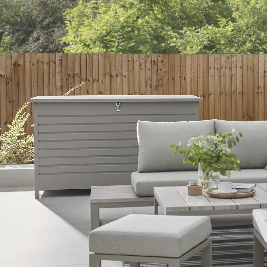 Kettler Pebble aluminium storage cushion box in medium size, outdoor furniture storage with a sturdy metal design.