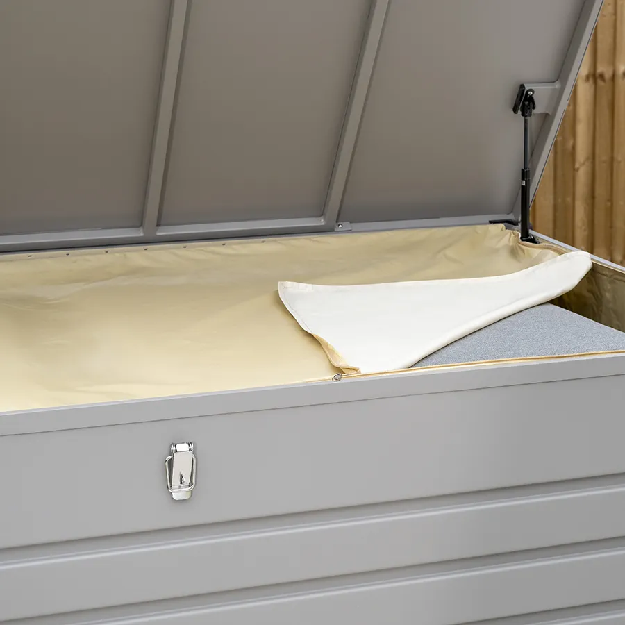 Kettler Pebble aluminium storage cushion box in medium size, outdoor furniture with a durable metal design and cushion storage space.