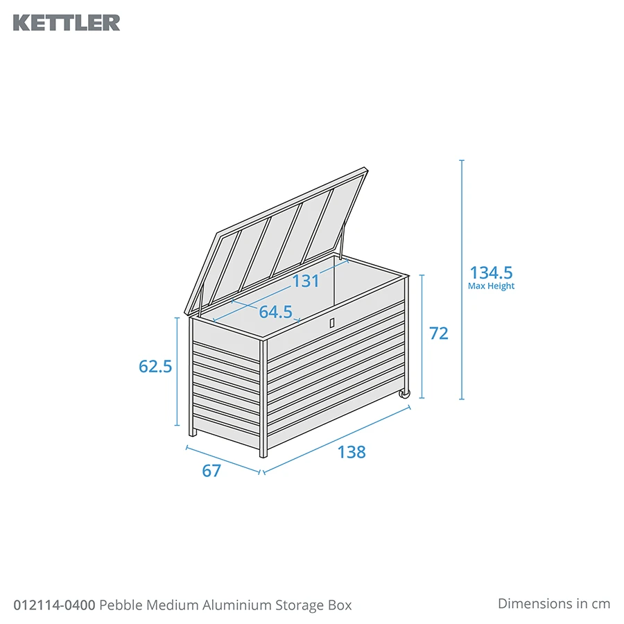 Kettler Pebble aluminium storage cushion box in medium size for outdoor furniture, with a sleek metallic finish and lid.