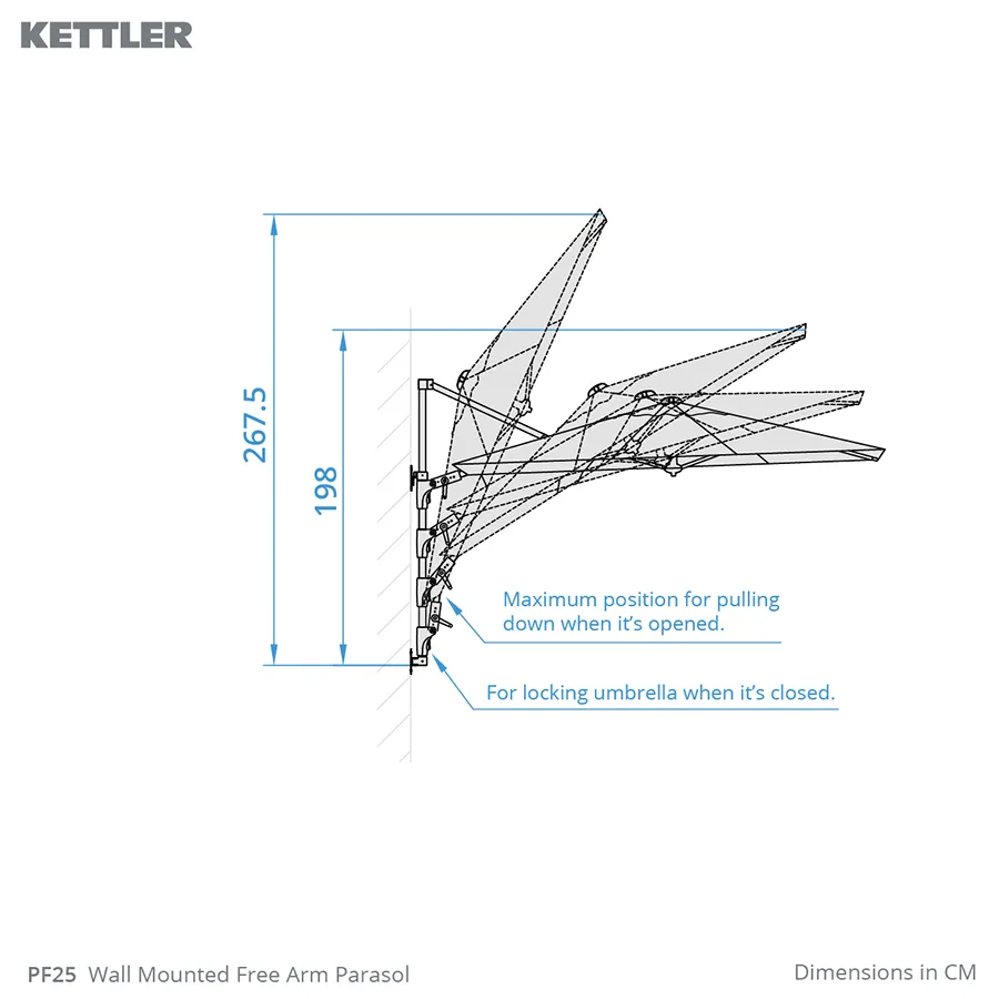 Kettler wall-mounted free arm parasol in taupe, 2.5 meters, cantilever style, outdoor furniture for shade and sun protection.