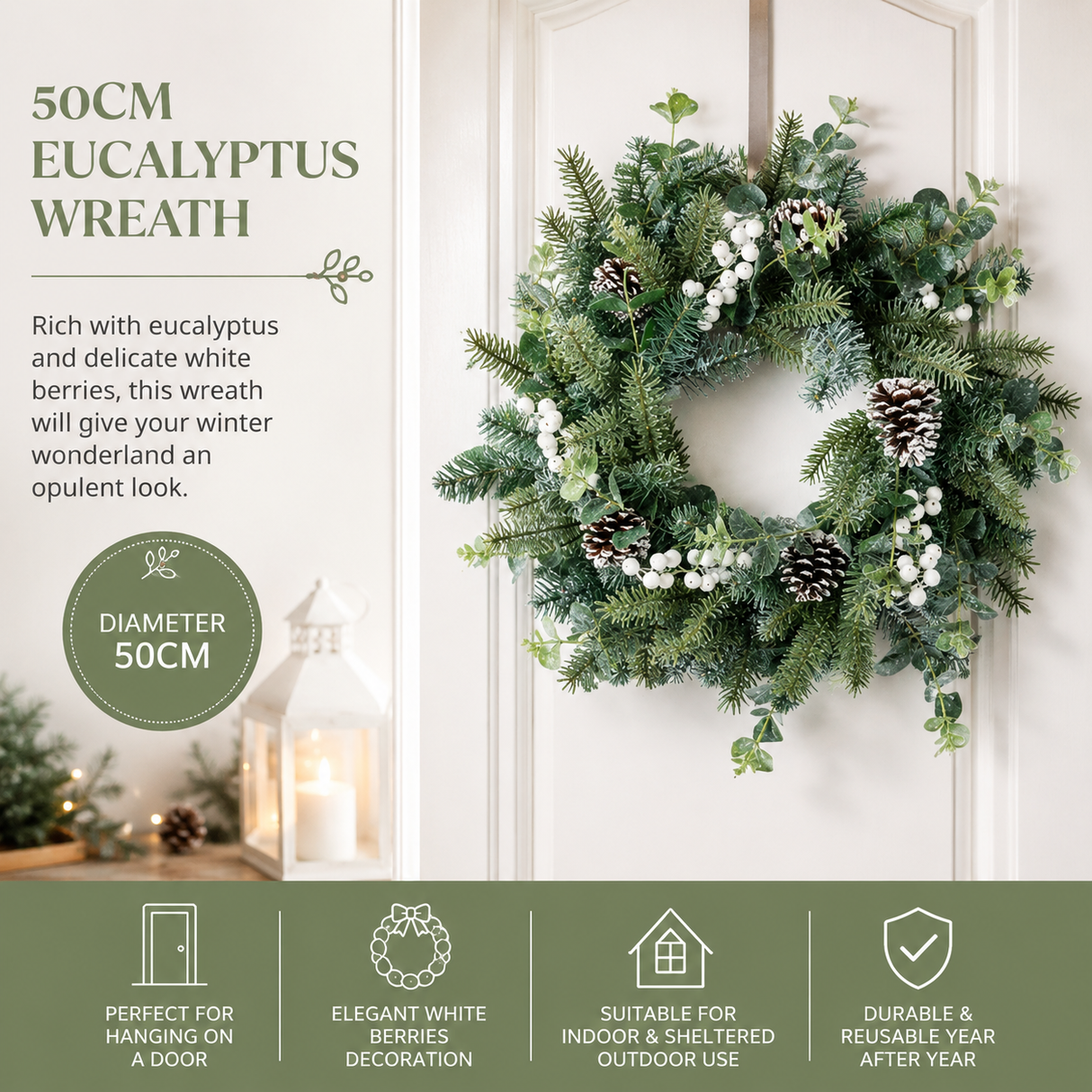 50cm Eucalyptus Wreath with White Berries – Artificial Winter Door Decoration
