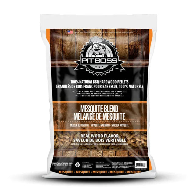 Pit Boss mesquite blend hardwood pellets for BBQ, 9 kg bag, ideal for smoking and grilling flavorful meats.