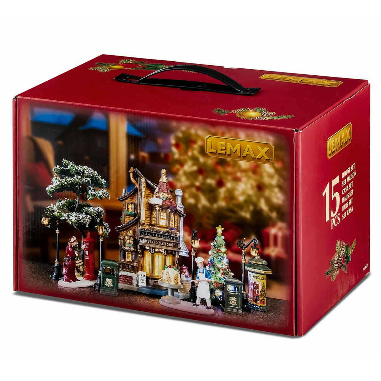 Lemax Christmas village house set featuring Lucy’s Chocolate Shop with white color and 550 Ma adapter, festive holiday decor.