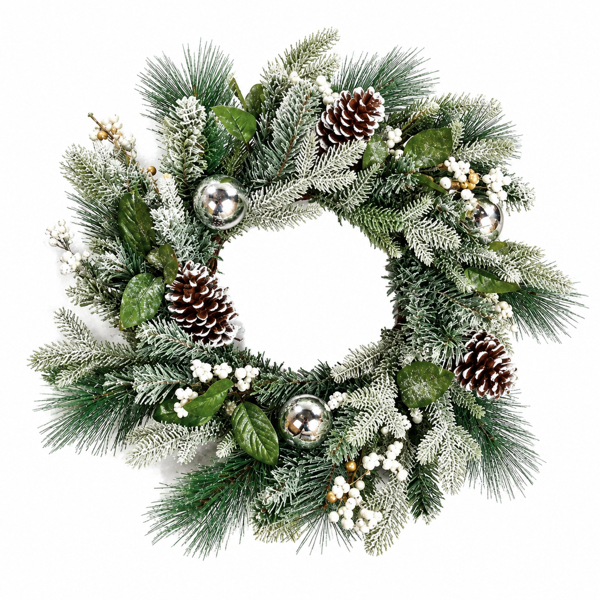 60cm Frozen Cone Pre-Decorated Christmas Wreath – Frosted Greenery with Baubles & Berries