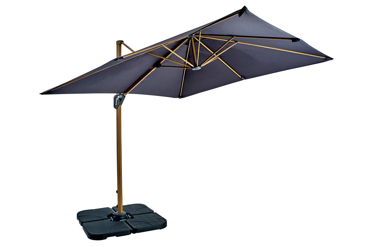 Hartman Aegean square cantilever parasol in dark grey fabric with sturdy metal frame, providing shade for outdoor furniture.