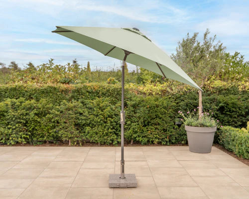 Kettler 3m wind-up parasol with sage canopy, grey frame, auto tilt, and night cover, ideal for outdoor furniture shading.
