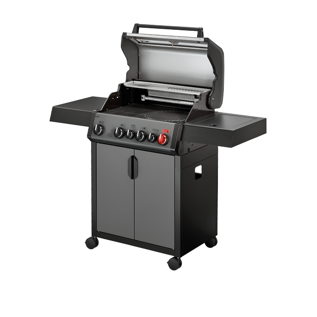 Enders Hyde 4 Sikr Turbo BBQ with free cover, stainless steel grill, multiple burners, and side shelves for outdoor cooking enthusiasts.