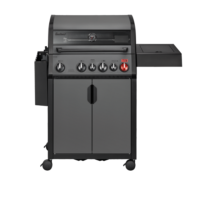 Enders Hyde 4 Sikr Turbo BBQ with free cover, stainless steel grill, multiple burners, and side shelves for outdoor cooking.