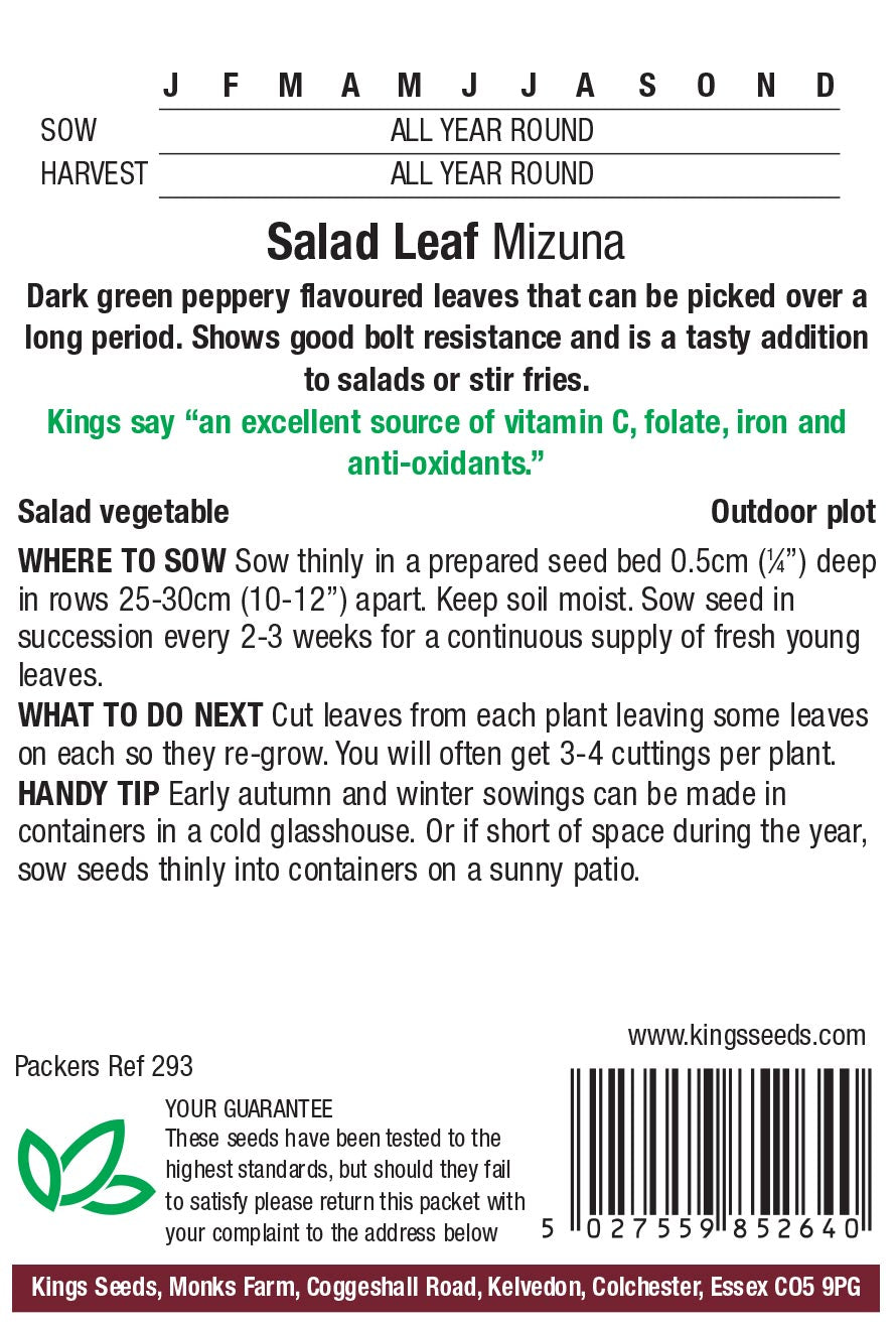 Salad Leaf Mizuna by Kings Seeds - Mill Race Garden Centre
