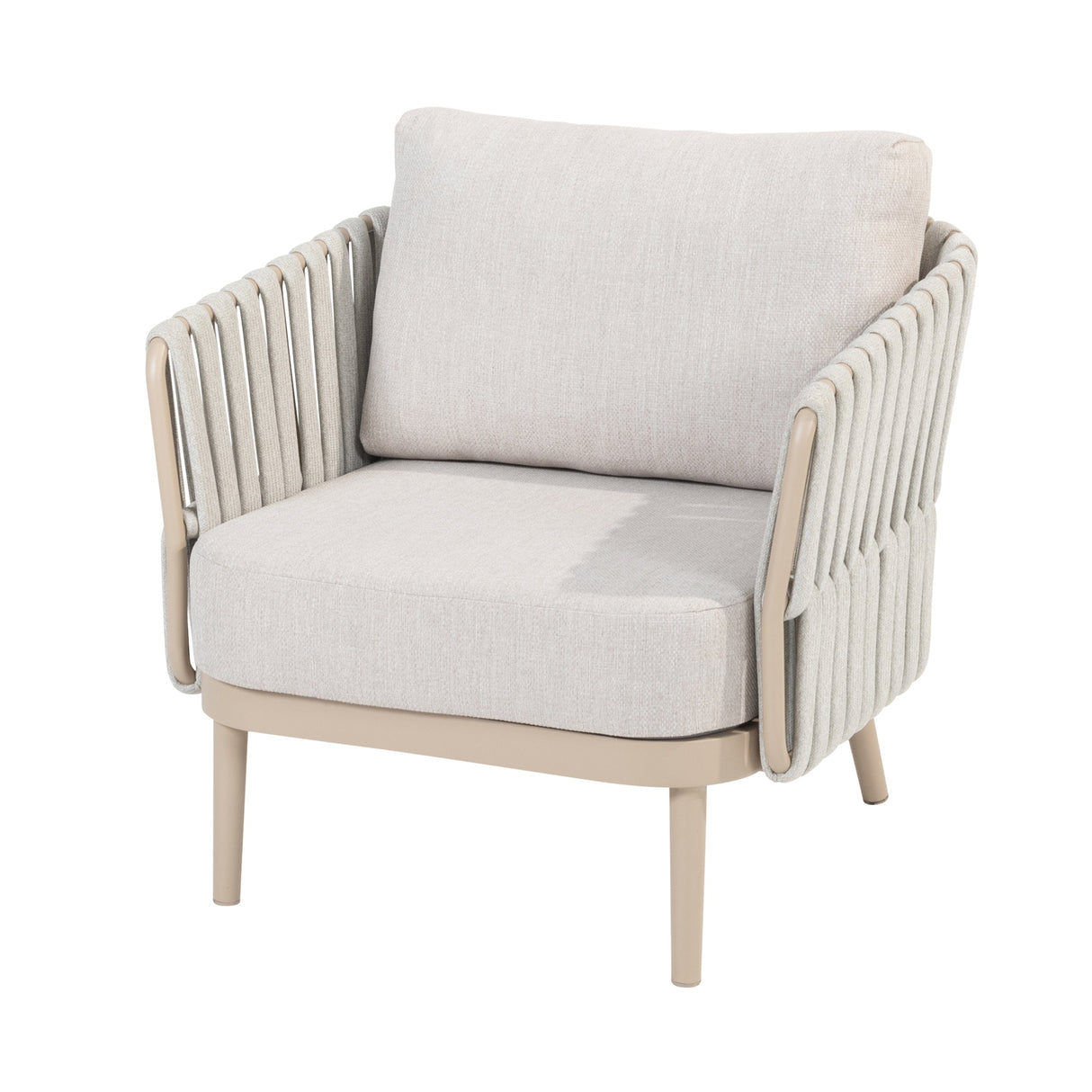 4 Seasons Outdoor Eva lounge set with two Monroe coffee tables in latte metal, featuring a chair with cushions and gentle support table.