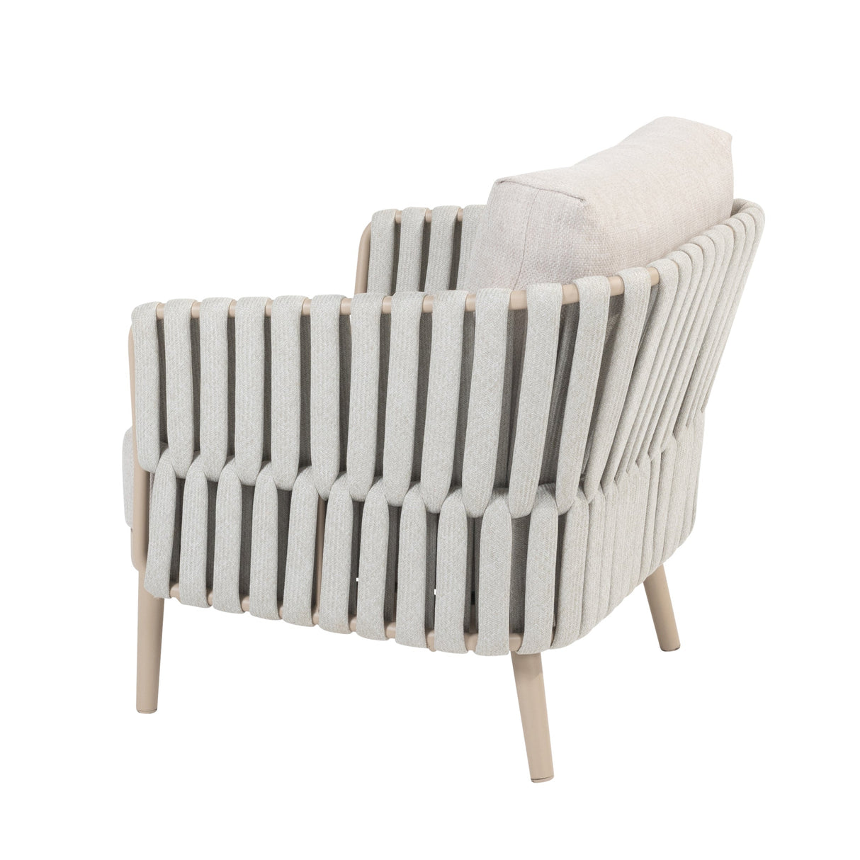 4 Seasons Outdoor Eva lounge set with two Monroe coffee tables, featuring a latte-colored metal frame and cushioned seating.