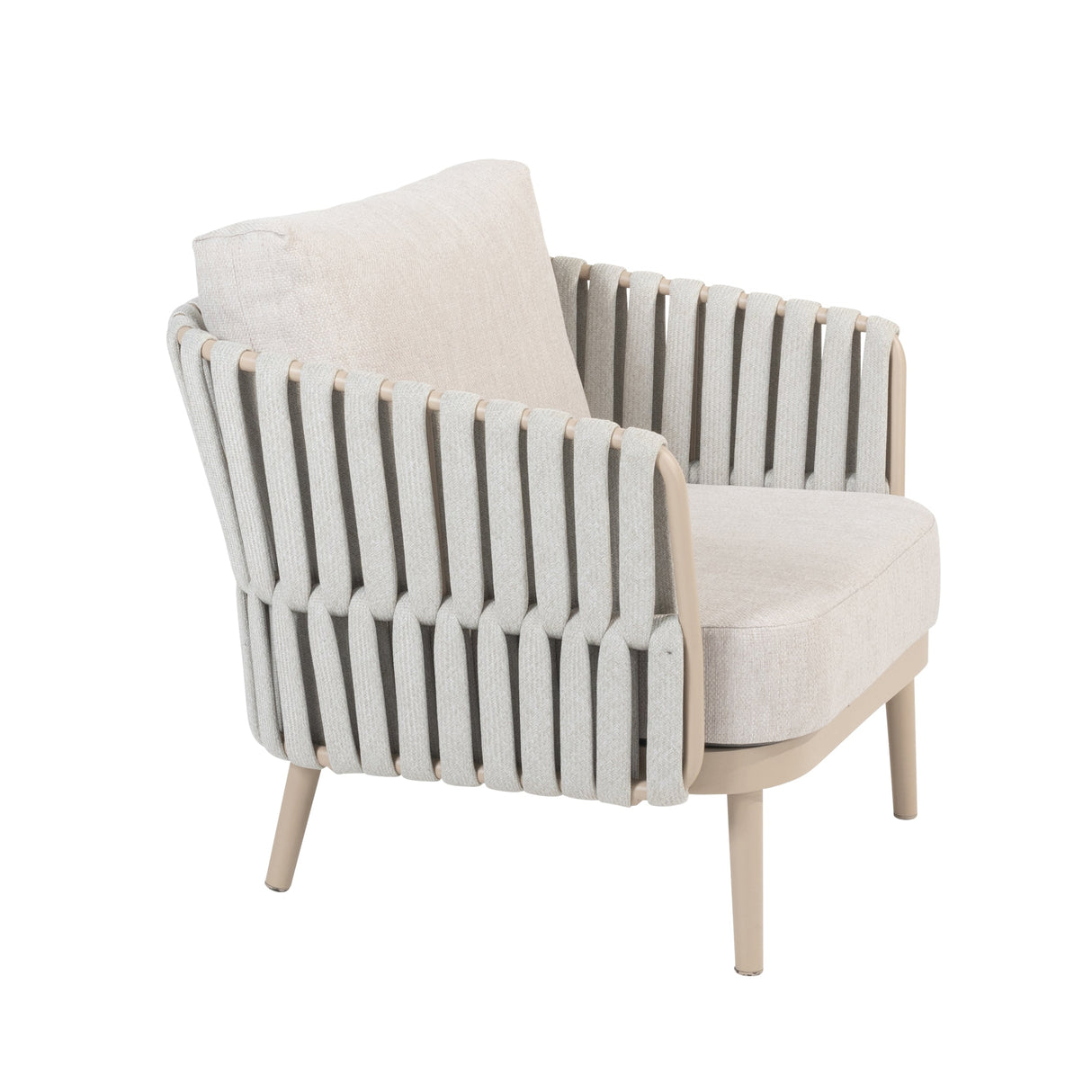 4 Seasons Outdoor Eva lounge set with two Monroe coffee tables and cushions, featuring metal frame and plush seating.