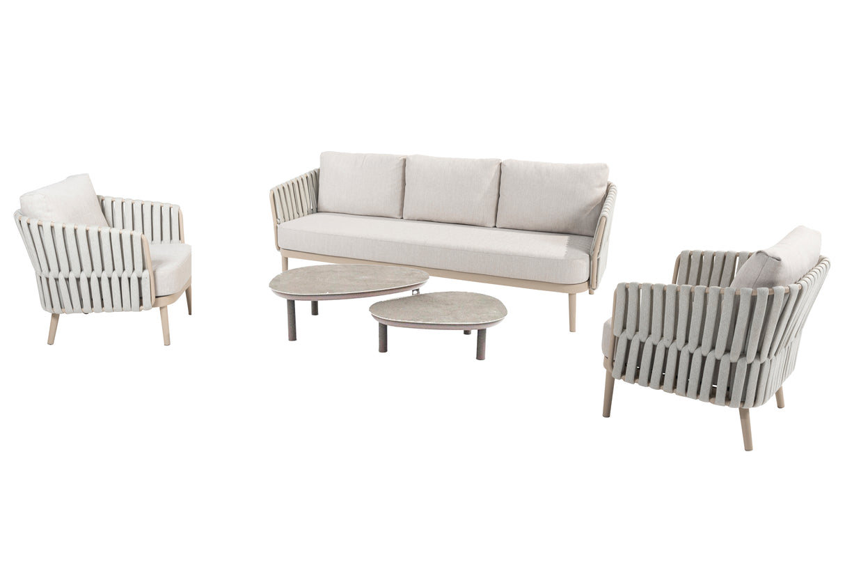 4 Seasons Outdoor Eva lounge set with two Monroe coffee tables, featuring metal construction and comfortable seating.