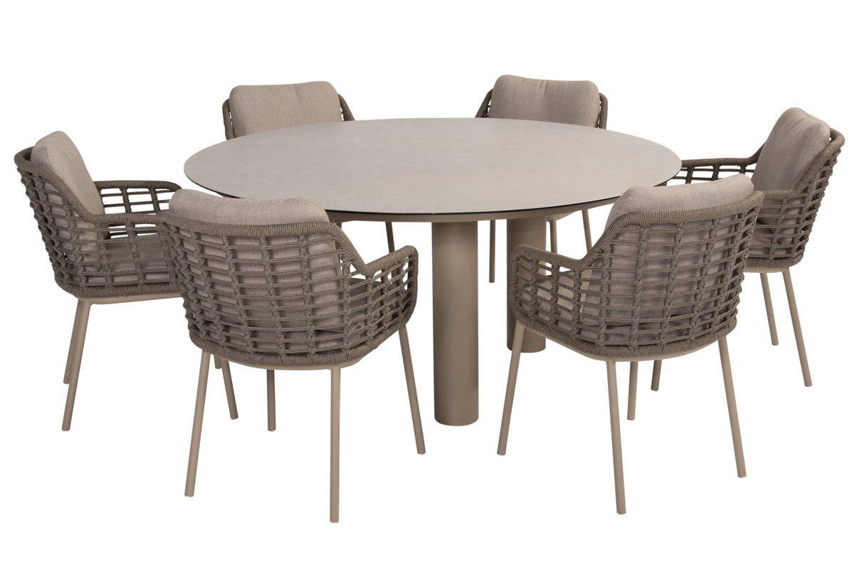 4 Seasons Outdoor Puglia 6-seat round dining set with Donato latte-colored metal table and matching chairs, outdoor furniture for dining.