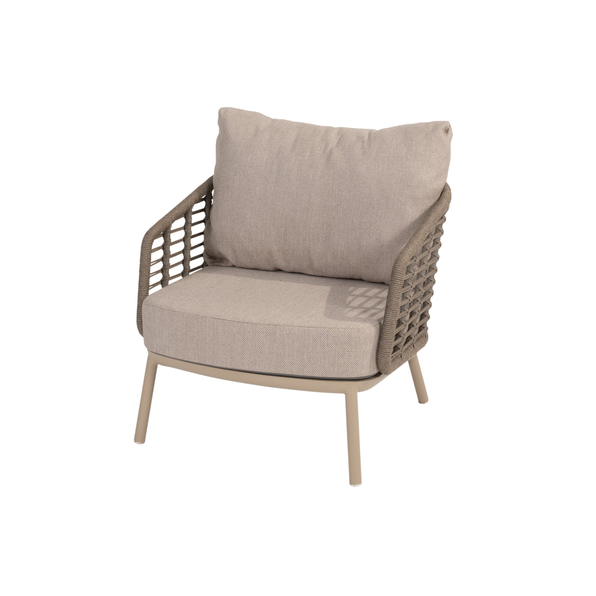 4 Seasons Outdoor Puglia Latte Lounge Set featuring a 3-seater sofa and coffee table with cushions in a stylish outdoor setting.