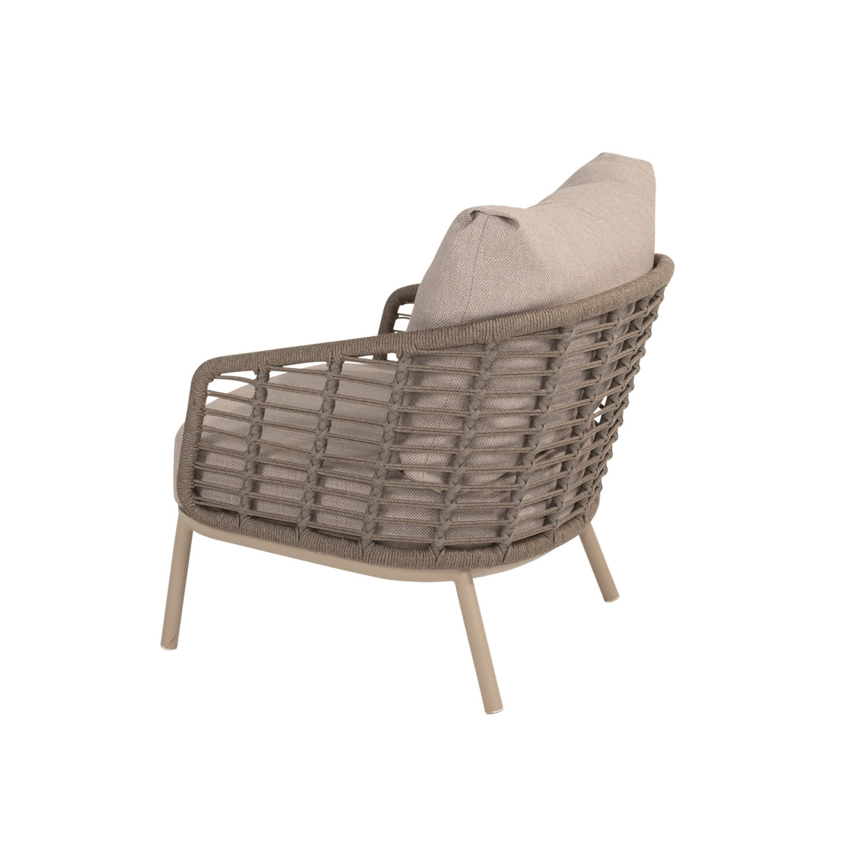 4 Seasons Outdoor Puglia latte lounge set featuring a 3-seater sofa with cushions and a matching coffee table.