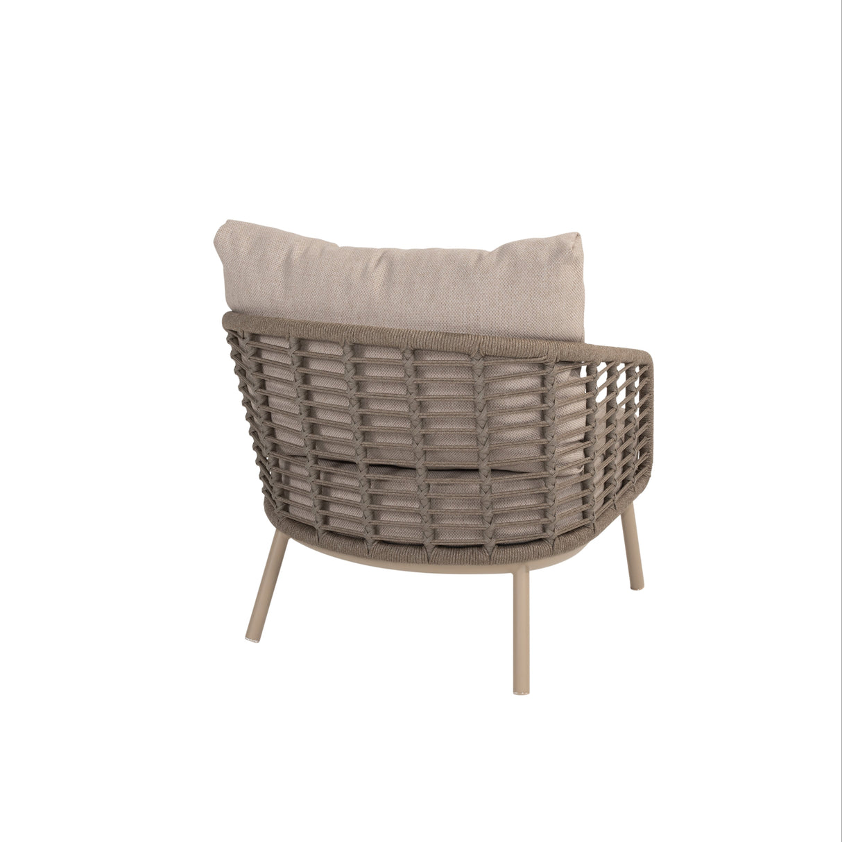 4 Seasons Outdoor Puglia Latte lounge set featuring a 3-seater sofa and coffee table with cushions in a stylish outdoor setting.