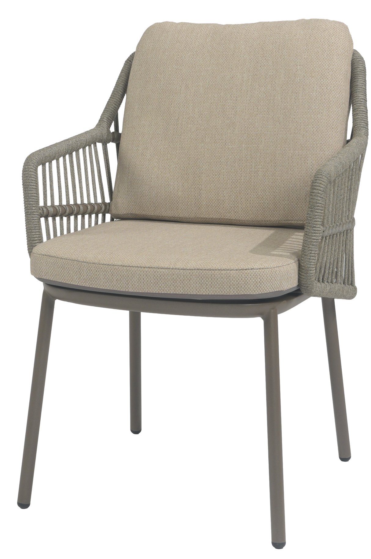 A 4 Seasons Outdoor Alicante dining set featuring a round Manolo 75cm table with metal chairs and cushions for outdoor dining.